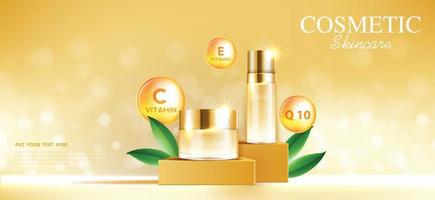 creme facial hidratante para venda anual ou liquidação em festival. frasco de máscara de creme laranja e dourado isolado em fundo de partículas de glitter para apresentação do produto. anúncios de cosméticos elegantes, ilustração vetorial vetor