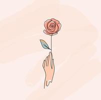 arte rosa desenho estilo minimalismo de uma mão segurando uma flor. eps10 de ilustração de desenho vetorial. vetor