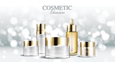 hidratantes para a pele facial para venda anual ou liquidação em festival. frasco de máscara de creme de ouro isolado em fundo de partículas de brilho para apresentação do produto. anúncios de cosméticos elegantes, ilustração vetorial vetor