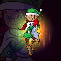 a linda garota elfa com o design do mascote esport do chapéu de Papai Noel vetor