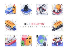 Conjunto de ícones isométricos da indústria de petróleo. extração e transporte de óleo, gás e gasolina, posto de abastecimento, sistema energético global Embalagem isolada de isometria 3d. ilustração vetorial elementos isométricos vetor