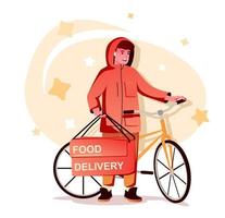 conceito de personagem plana de entrega de comida para web design. correio homem entregando encomendas de bicicleta, envio rápido em casa, cena de pessoas modernas. ilustração vetorial para materiais promocionais de mídia social. vetor