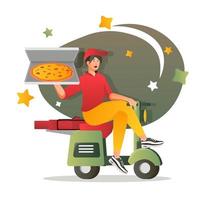 conceito de personagem plana de entrega de pizza para web design. mensageiro de homem entregando encomendas por scooter, transporte rápido em casa, cena de pessoas modernas. ilustração vetorial para materiais promocionais de mídia social. vetor