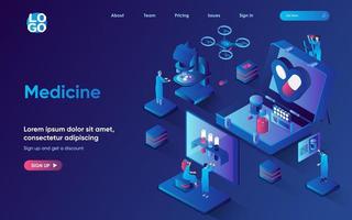 página inicial isométrica do conceito de medicina. cientistas desenvolvem medicamentos, fazem pesquisas em laboratório, indústria farmacêutica, modelo de banner da web em 3D de saúde. ilustração vetorial com cena de pessoas em design plano vetor