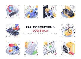 conjunto de ícones isométricos de transporte e logística. serviço de entrega global, armazenamento de encomendas em armazéns, rastreamento online no aplicativo, pacote isolado de isometria 3D. ilustração vetorial elementos isométricos vetor