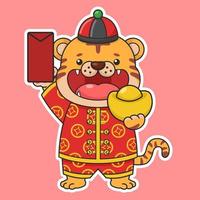 tigre fofo do ano novo chinês segurando dinheiro dourado e um envelope vermelho vetor
