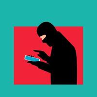 um fraudador profissional usa um smartphone. o fraudador liga em um telefone celular. o conceito de fraude telefônica, ataque de hacker, fraude e crime cibernético. ilustração vetorial em estilo simples isolado. vetor