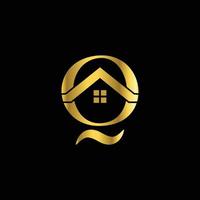 combinação minimalista de design de logotipo plano de vetor de casa e letra q na cor dourada