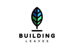combinação de design de logotipo de duplo significado de edifício e folhas vetor