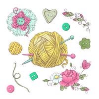 Conjunto para flores de malha artesanal e elementos e acessórios para crochê e tricô vetor