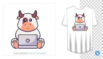 personagem de vaca fofa. impressões em t-shirts, camisolas, estojos para telemóveis, lembranças. ilustração isolada do vetor no fundo branco.