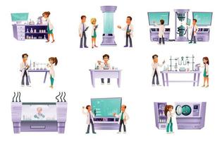 conjunto de ícones de desenhos animados isolados de cientistas vetor