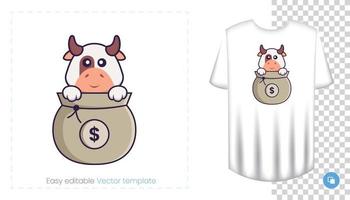 personagem de vaca fofa. impressões em t-shirts, camisolas, estojos para telemóveis, lembranças. ilustração isolada do vetor no fundo branco.