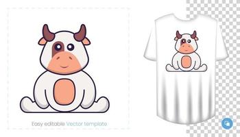 personagem de vaca fofa. impressões em t-shirts, camisolas, estojos para telemóveis, lembranças. ilustração isolada do vetor no fundo branco.