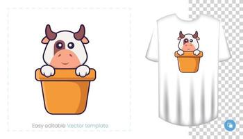 personagem de vaca fofa. impressões em t-shirts, camisolas, estojos para telemóveis, lembranças. ilustração isolada do vetor no fundo branco.