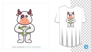 personagem de vaca fofa. impressões em t-shirts, camisolas, estojos para telemóveis, lembranças. ilustração isolada do vetor no fundo branco.