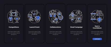 chamando a atenção para dicas de negócios na tela da página do aplicativo móvel. passo a passo de inicialização 5 etapas de instruções gráficas com conceitos. modelo de vetor ui, ux, gui com ilustrações de modo noturno linear