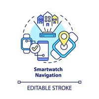 ícone do conceito de navegação smartwatch. dispositivos para controlar o transporte público. ilustração de linha fina de ideia abstrata de dispositivos gps pessoais. desenho de cor de contorno isolado vetor. curso editável vetor