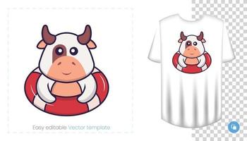 personagem de vaca fofa. impressões em t-shirts, camisolas, estojos para telemóveis, lembranças. ilustração isolada do vetor no fundo branco.