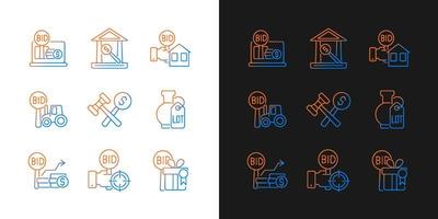tipos de ícones gradientes de negociação definidos para o modo claro e escuro. leilões. vencedor do leilão. feixe de símbolos de contorno de linha fina. coleção de ilustrações de contorno vetorial isolado em preto e branco vetor