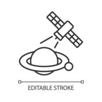 ícone linear do processo de observação de planetas. captura de anomalias planetárias por satélite artificial. ilustração personalizável de linha fina. símbolo de contorno. desenho de contorno isolado do vetor. curso editável vetor