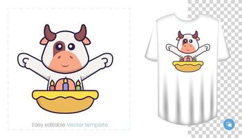 personagem de vaca fofa. impressões em t-shirts, camisolas, estojos para telemóveis, lembranças. ilustração isolada do vetor no fundo branco.