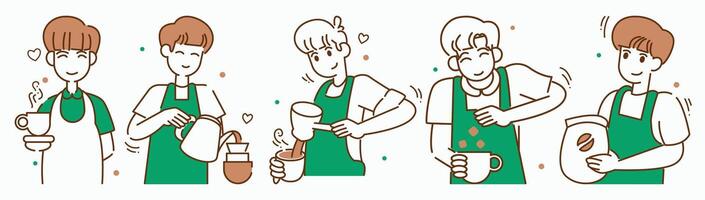 conjunto do masculino barista dentro cafeteria, restaurante, velozes comida, profissional cozinha, e café fazer compras. fofa desenhado à mão desenho animado personagens vetor