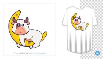 personagem de vaca fofa. impressões em t-shirts, camisolas, estojos para telemóveis, lembranças. ilustração isolada do vetor no fundo branco.