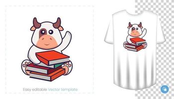 personagem de vaca fofa. impressões em t-shirts, camisolas, estojos para telemóveis, lembranças. ilustração isolada do vetor no fundo branco.