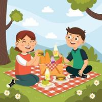 menino e menina fazem piquenique no parque vetor