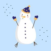 surpreendeu o boneco de neve dos desenhos animados usando um chapéu azul e luvas. ilustração em vetor plana.