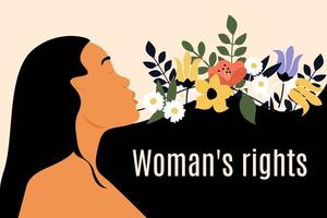 banner de felicitações para o dia dos direitos das mulheres. mulher com cabelo comprido e flores no pôster. cartão, banner, modelo, cartaz. ilustração em vetor plana e vintage.