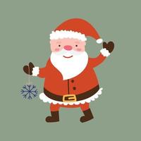 Personagem de desenho animado bonito Papai Noel em um terno vermelho carrega um brinquedo de floco de neve. feliz ano novo ou feliz natal. ilustração plana do vetor