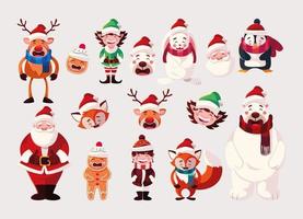 conjunto de ícones de natal com papai noel e animais vetor