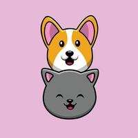gato bonito e cão corgi ilustração vetorial ícone dos desenhos animados. animal ícone conceito isolado vetor premium. estilo cartoon plana