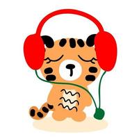 filhote de tigre desenhado de mão ouve música com fones de ouvido. vetor