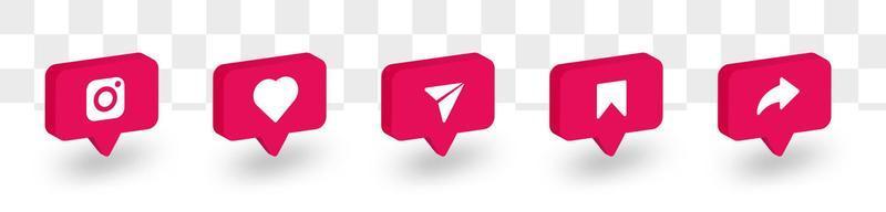 Ícones de notificação do instagram de forma vermelha 3D como, salvar, mensagem direta, ícone de compartilhamento. Logotipo do instagram 3D com balão de fala 3D.