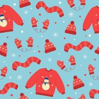 padrão sem emenda de inverno chapéu vermelho, luvas, cachecol e camisola. elementos de inverno sobre fundo azul. estilo doodle vetor
