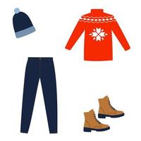 conjunto de roupas de inverno. jeans azul, chapéu, botas e suéter vermelho. elementos de roupas quentes. estilo do doodle. vetor