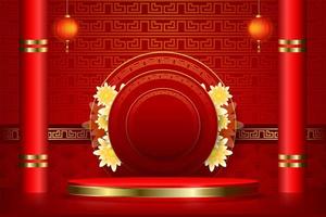 Ilustração 3D do pódio com lanterna chinesa no conceito de feliz ano novo chinês vetor