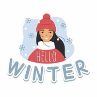 letras Olá inverno. linda garota com chapéu e jaqueta. neve e flocos de neve. ilustração vetorial no estilo cartoon. cartão postal de design. vetor