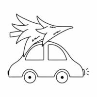 carro com árvore de abeto no telhado. doodle estilo auto. ícone para o projeto do cartão de Natal. adesivo de ano novo. vetor