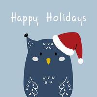 chapéu vermelho bonito da coruja do Natal. doodle de estilo de personagem. cartão de feliz ano novo. boas festas. vetor