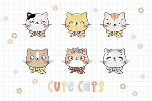 gatos Kawaii enfrenta coleção em estilo bonito desenhado à mão vetor