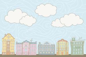 edifícios na cidade velha e no céu. rua da cidade. ilustração vetorial colorida em estilo doodle e cartoon para cartão, pôster, banner e outros vetor