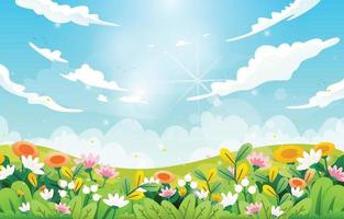 paisagem de primavera com flores desabrochando e céu azul vetor