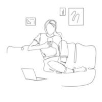 jovem ou garota usando smartphone escreve ou fala em casa. mulher com laptop e smartphone se senta no sofá, desenhando no estilo de contorno de contorno. ilustração de conceito de comunicação. vetor