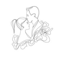 retrato de contorno minimalista do jovem casal homem e mulher no estilo de contorno em fundo branco. cara beijando namorada, desenho à mão. Ilustração em vetor