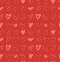 padrão sem emenda de vetor com giros vários corações simples desenhados à mão doodle em fundo vermelho. cenário romântico do dia dos namorados, design de papel de parede