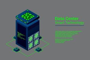 data center com racks de servidores isométricos. equipamento de rede de internet, tecnologia inteligente, sinal de banco de dados em nuvem, ilustração vetorial de tecnologia de computador. vetor